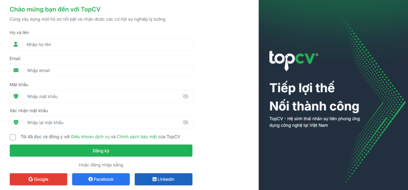 Điền thông tin đăng ký tài khoản TopCV